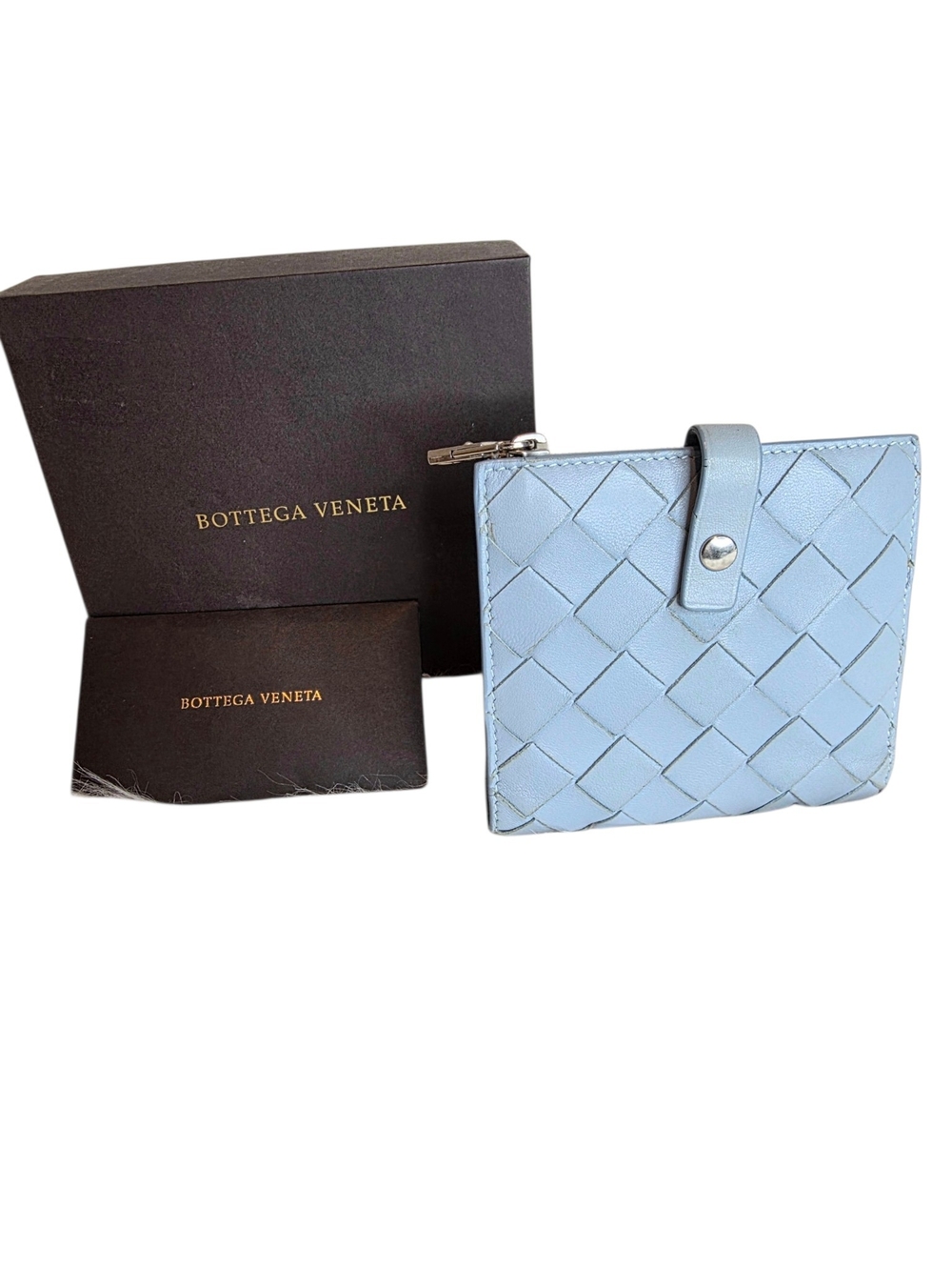 Bottega Veneta Light Blue Intrecciato Lambskin Compact Leather  Wallet